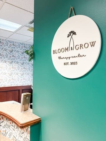 Reception area with logo
